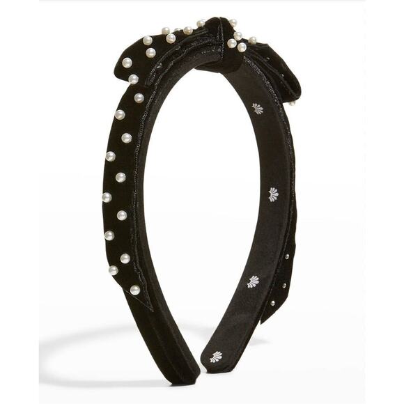 Lele Sadoughi Black Velvet Pearl Ribbon Gold Logo Headband NWT - Picture 9 of 11